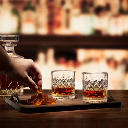 Bourbon Gummy Gift Set & Two Whiskey Glasses - Includes Bourbon Flavored Candy Bears & 2 Crystal Lowball Glassware