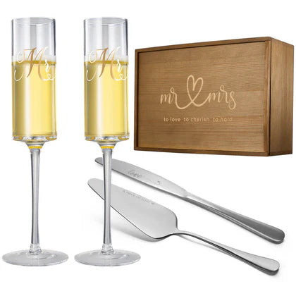 Wedding, Bridal Mr & Mrs Champagne Flutes Gift | Set of 2 | Silver