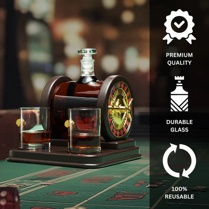 Casino Roulette Whiskey Decanter for Men, Husband, Him | 67.6 OZ Decanter With 2 x 10oz Dice Whiskey Glasses
