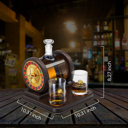Casino Roulette Whiskey Decanter for Men, Husband, Him | 67.6 OZ Decanter With 2 x 10oz Dice Whiskey Glasses
