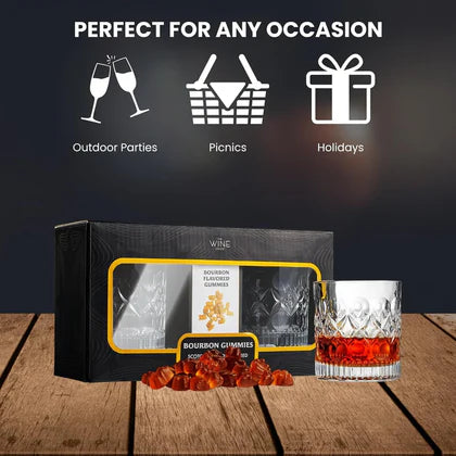 Bourbon Gummy Gift Set & Two Whiskey Glasses - Includes Bourbon Flavored Candy Bears & 2 Crystal Lowball Glassware