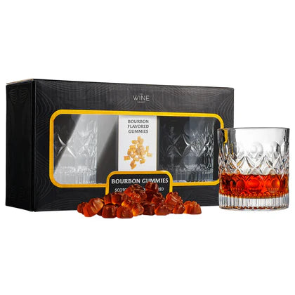 Bourbon Gummy Gift Set & Two Whiskey Glasses - Includes Bourbon Flavored Candy Bears & 2 Crystal Lowball Glassware