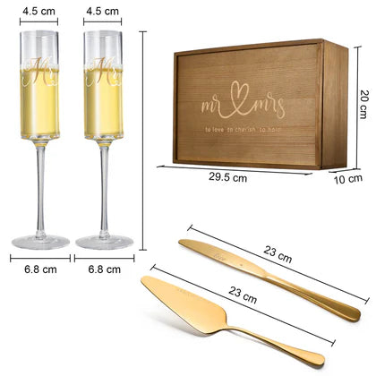 Wedding, Bridal Mr & Mrs Champagne Flutes Gift | Set of 2 | Gold