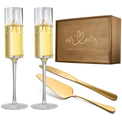 Wedding, Bridal Mr & Mrs Champagne Flutes Gift | Set of 2 | Gold