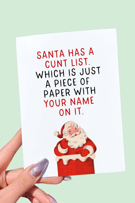 Santa Has a Cunt List Card | Funny Offensive Christmas Greeting Card